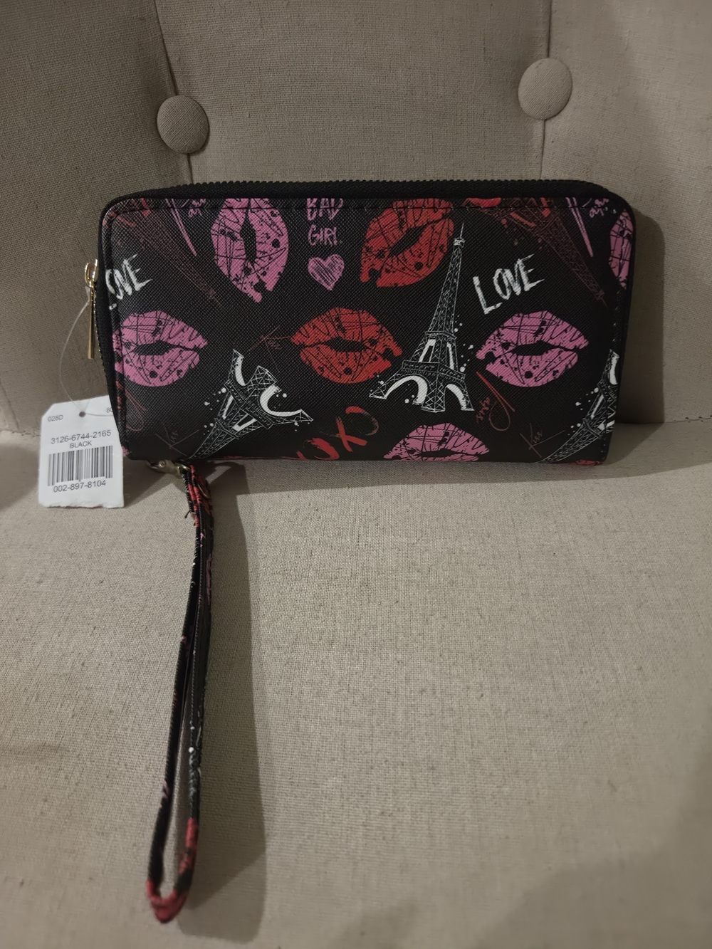 Eiffel Tower Lip-Print Wristlet Wallet - Black with Pink & Red Accents
